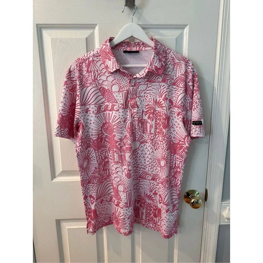 Yatta Golf White & Pink Palm Tree Explosion Polo Shirt sz M EUC
